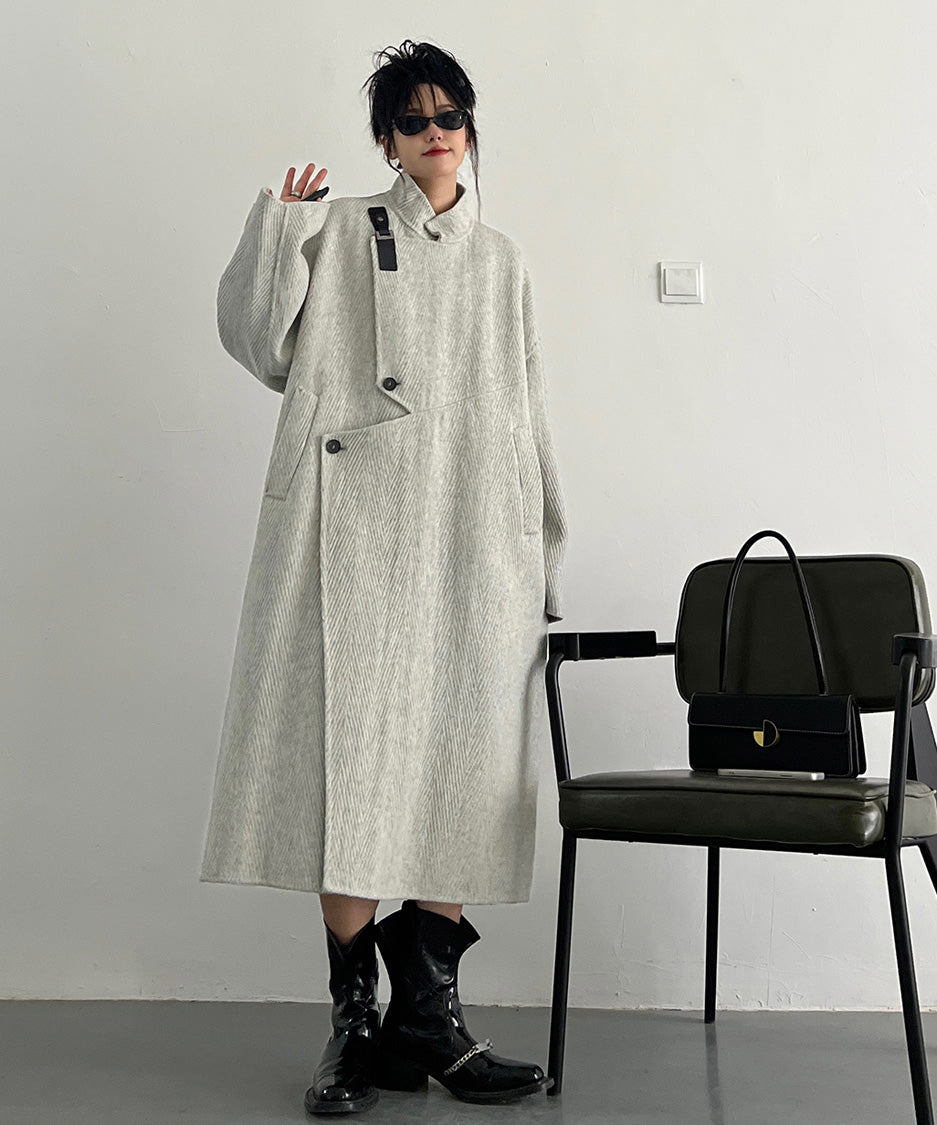 Asym Buckle Herringbone Coat