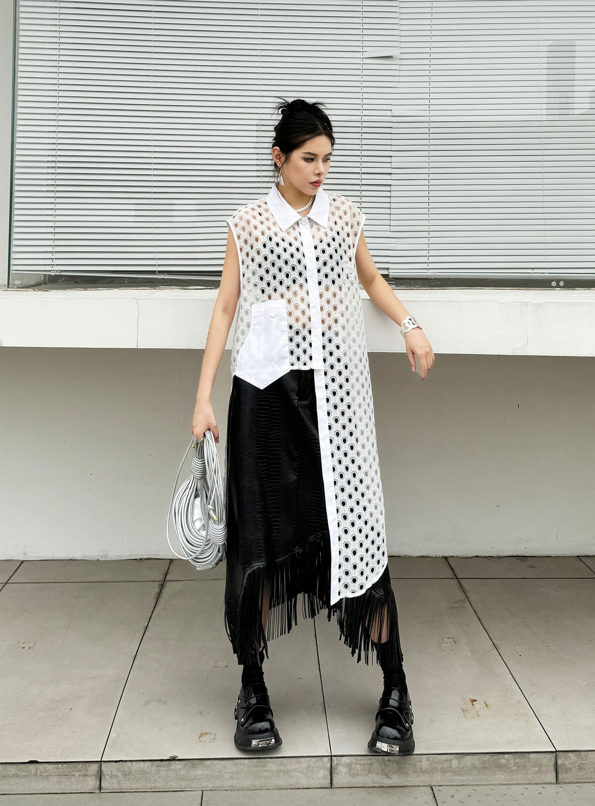 Eyelet Mesh Sleeveless Shirt