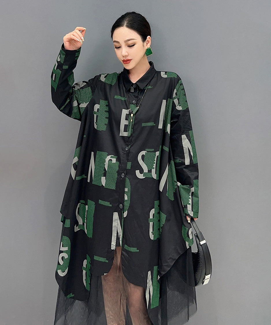 Abstract Letter Sheer Shirt Dress