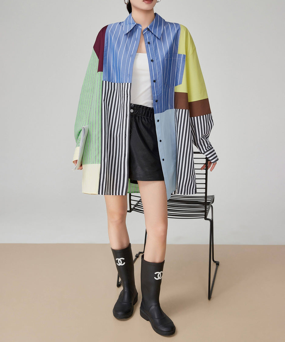 Patchwork Stripe Long Blouse