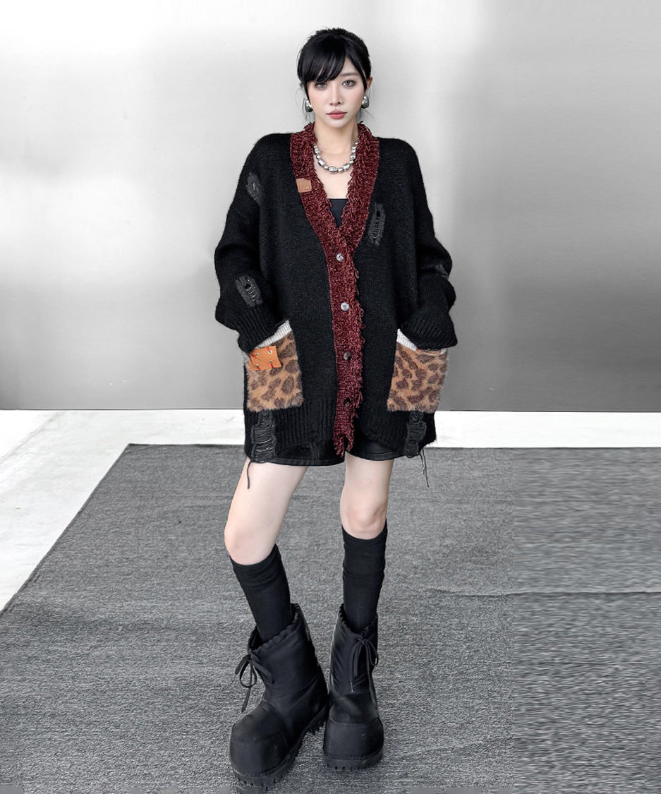 Fringe Patchwork Knit Cardigan