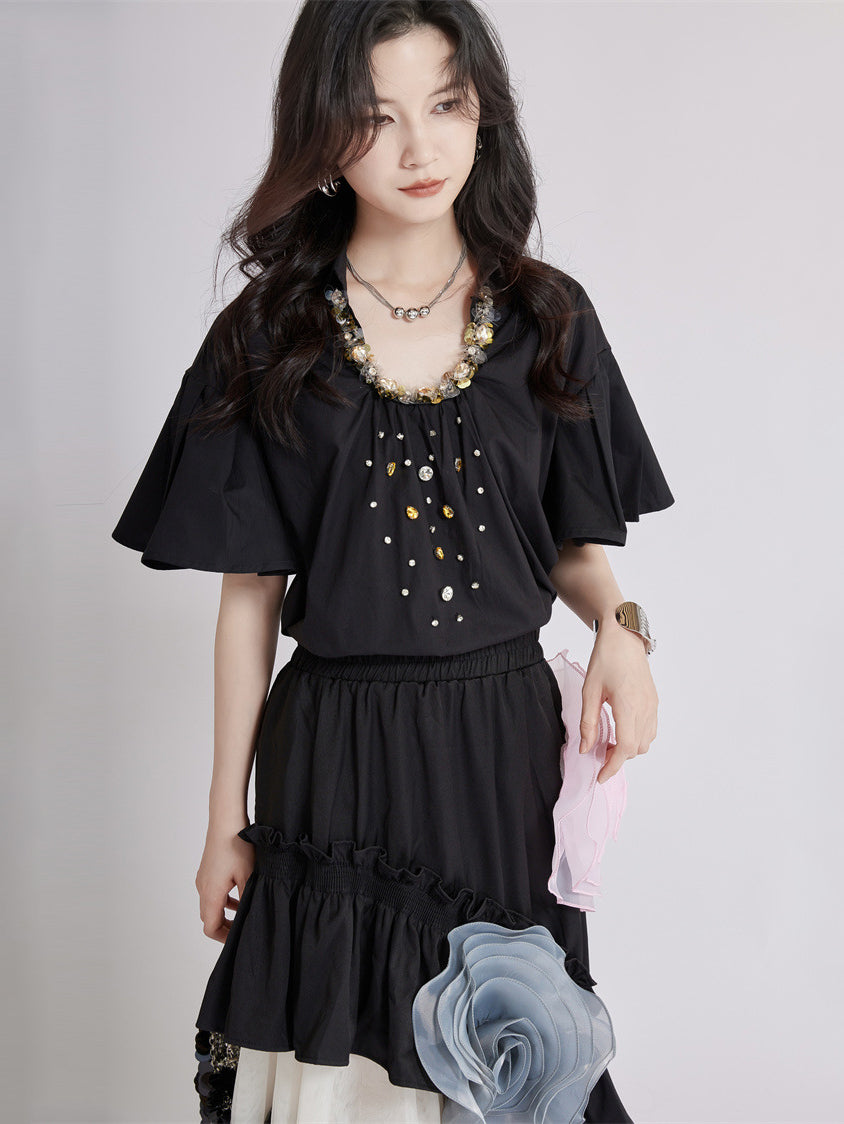 Beaded Collar Flare Blouse