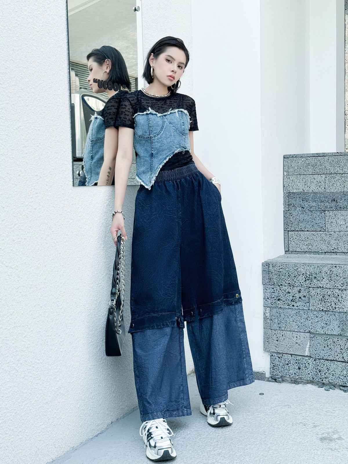 Two Tone Wide Denim Pants