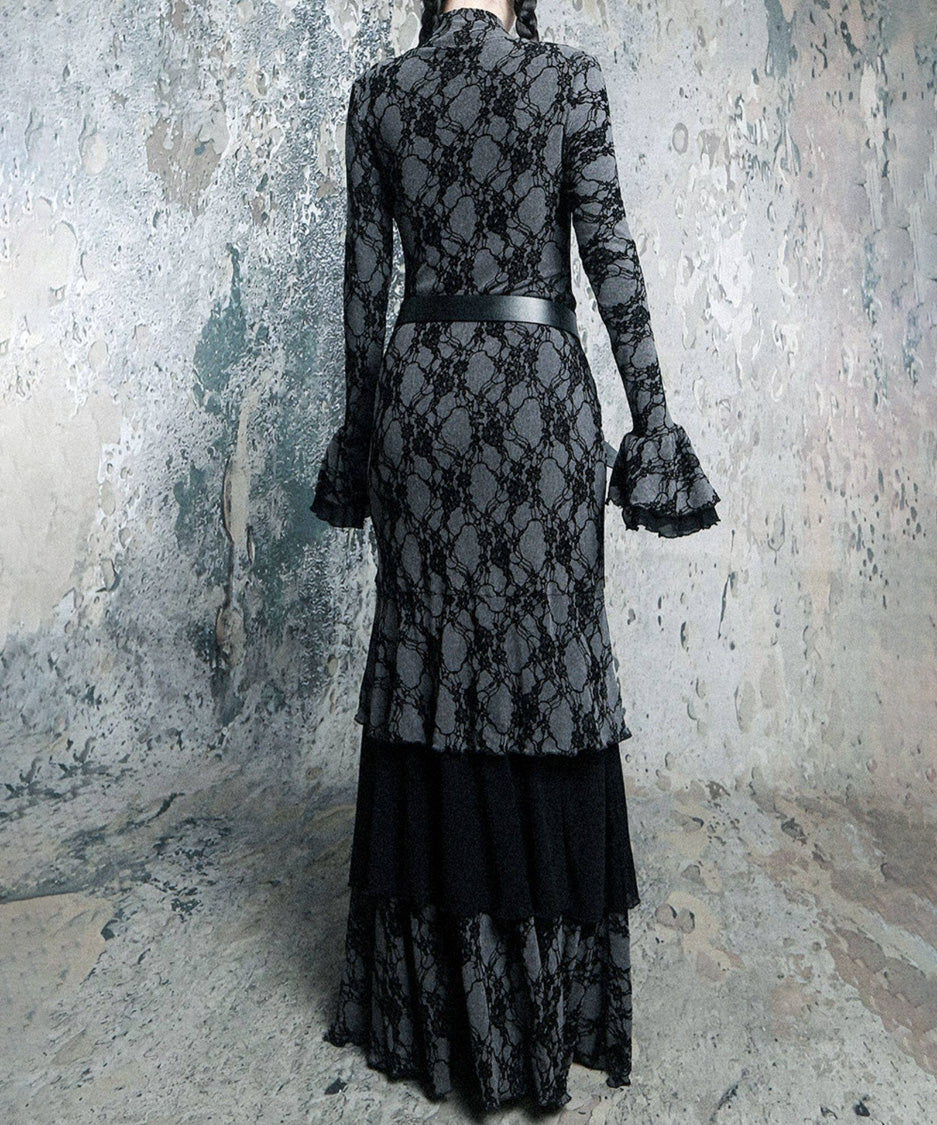 Lace Veil Ruffle Maxi Dress