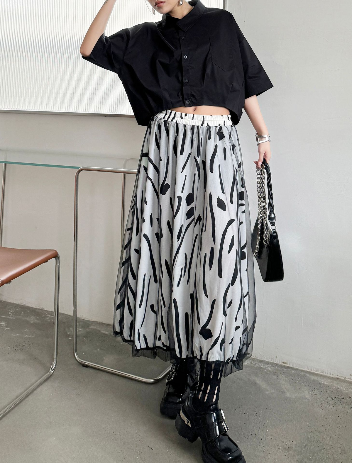 Abstract Mesh Flare Skirt