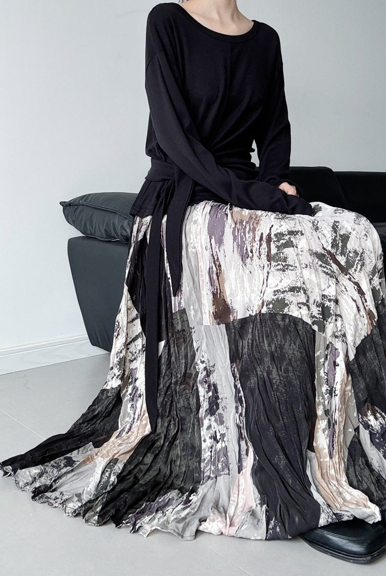 Abstract Print Pleated Skirt