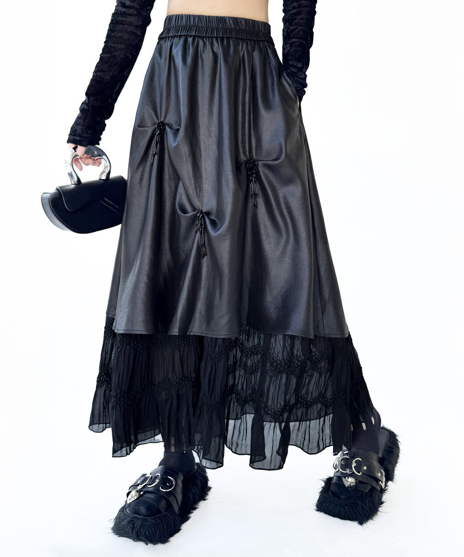 Glossy Gather Lace Hem Maxi Skirt