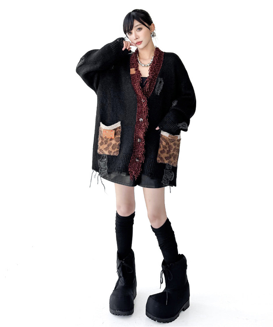 Fringe Patchwork Knit Cardigan