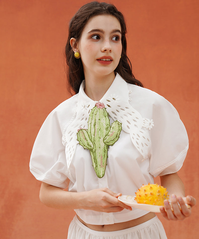 Cactus Cutwork Puff Sleeve Blouse