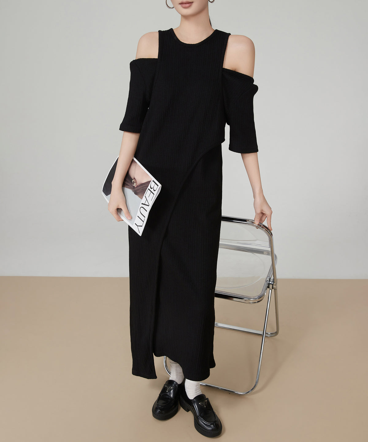 Shoulder-Slit Rib Dress