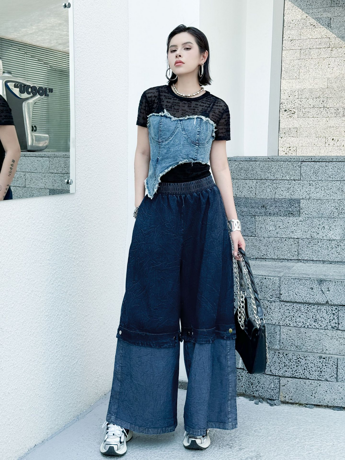 Two Tone Wide Denim Pants
