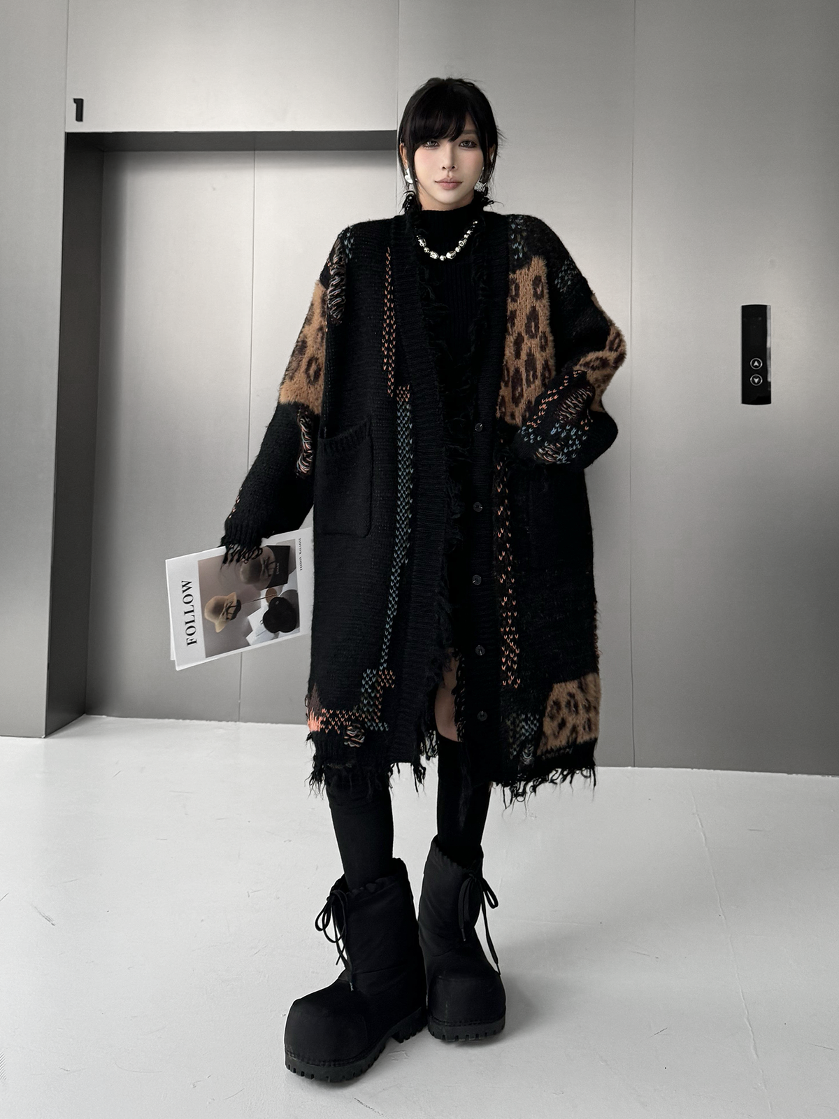 Frayed Leopard Patch Knit Cardigan