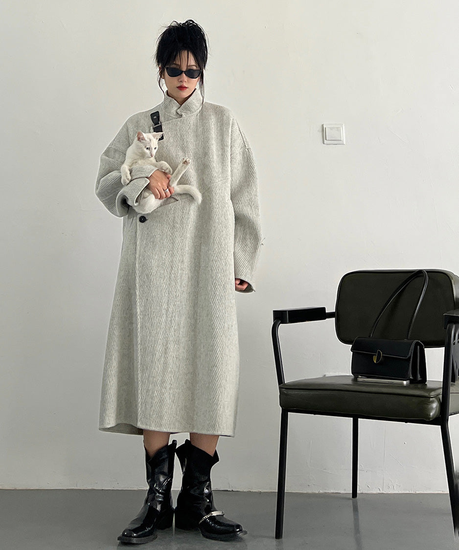 Asym Buckle Herringbone Coat
