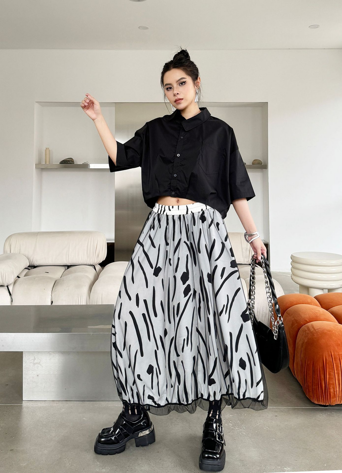 Abstract Mesh Flare Skirt
