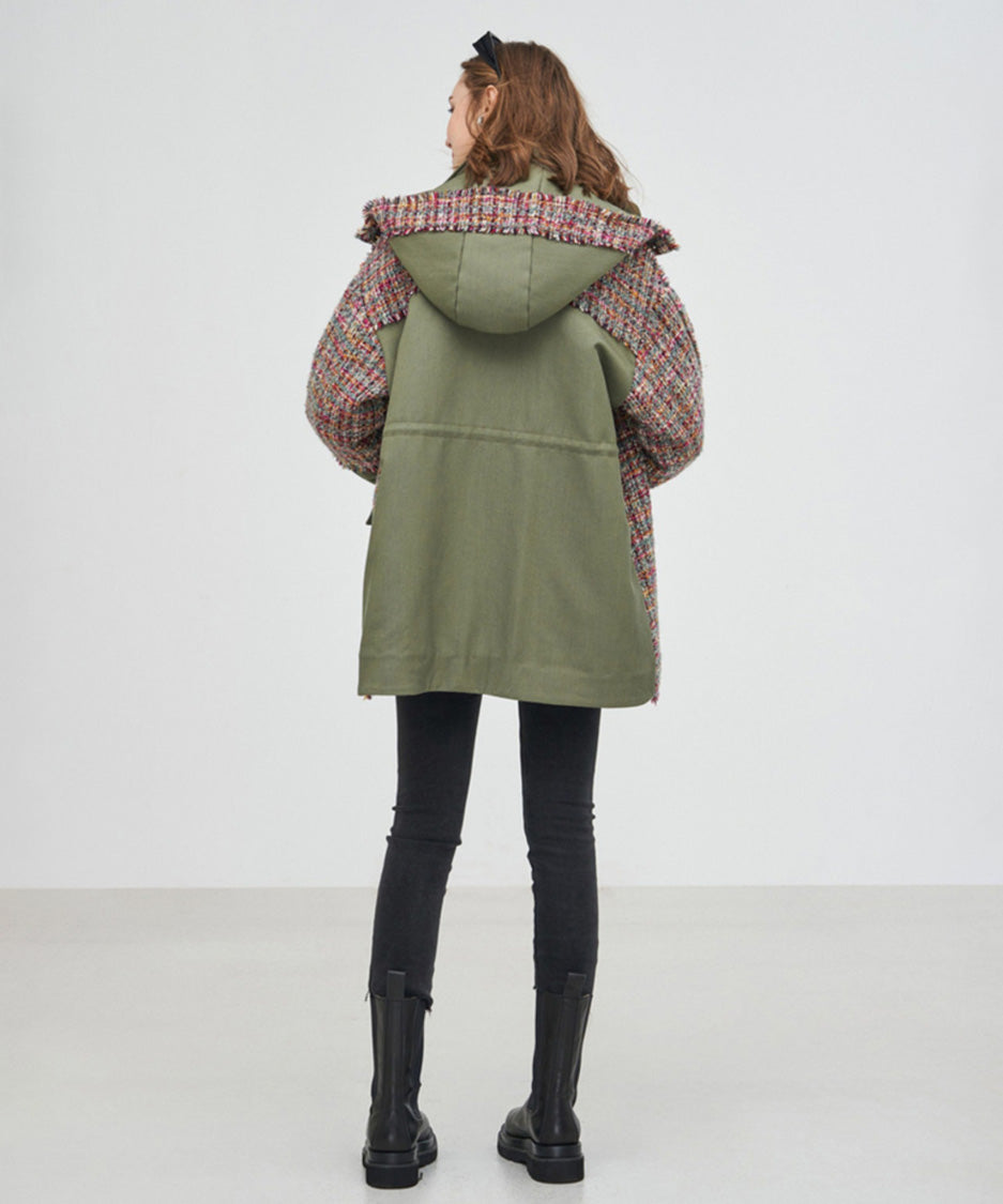 Hooded Tweed Panel Coat