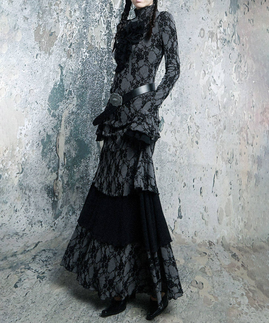 Lace Veil Ruffle Maxi Dress