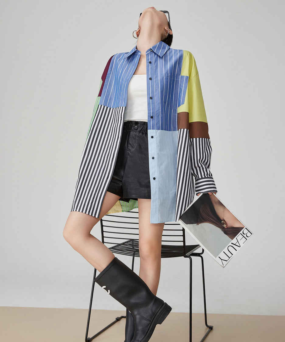 Patchwork Stripe Long Blouse