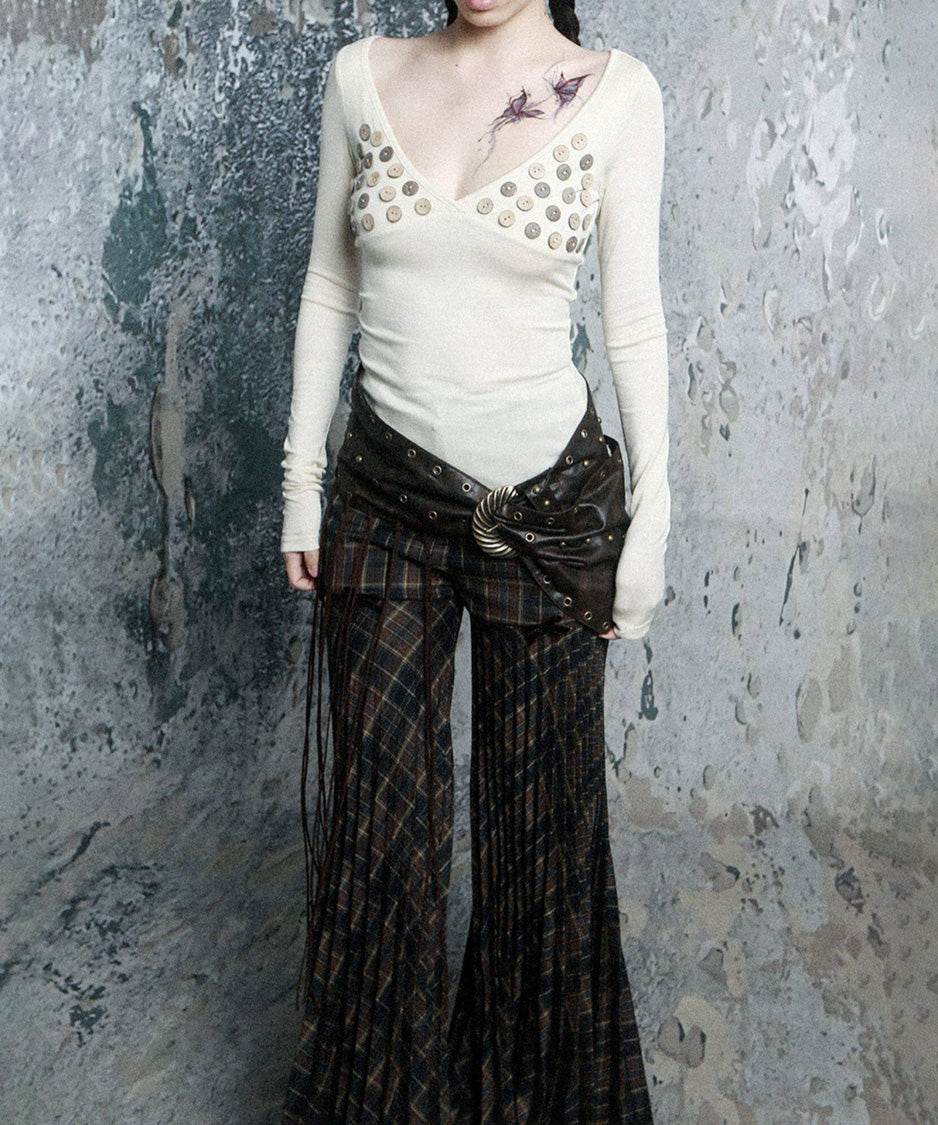 Plaid Flare Ribbon Pants