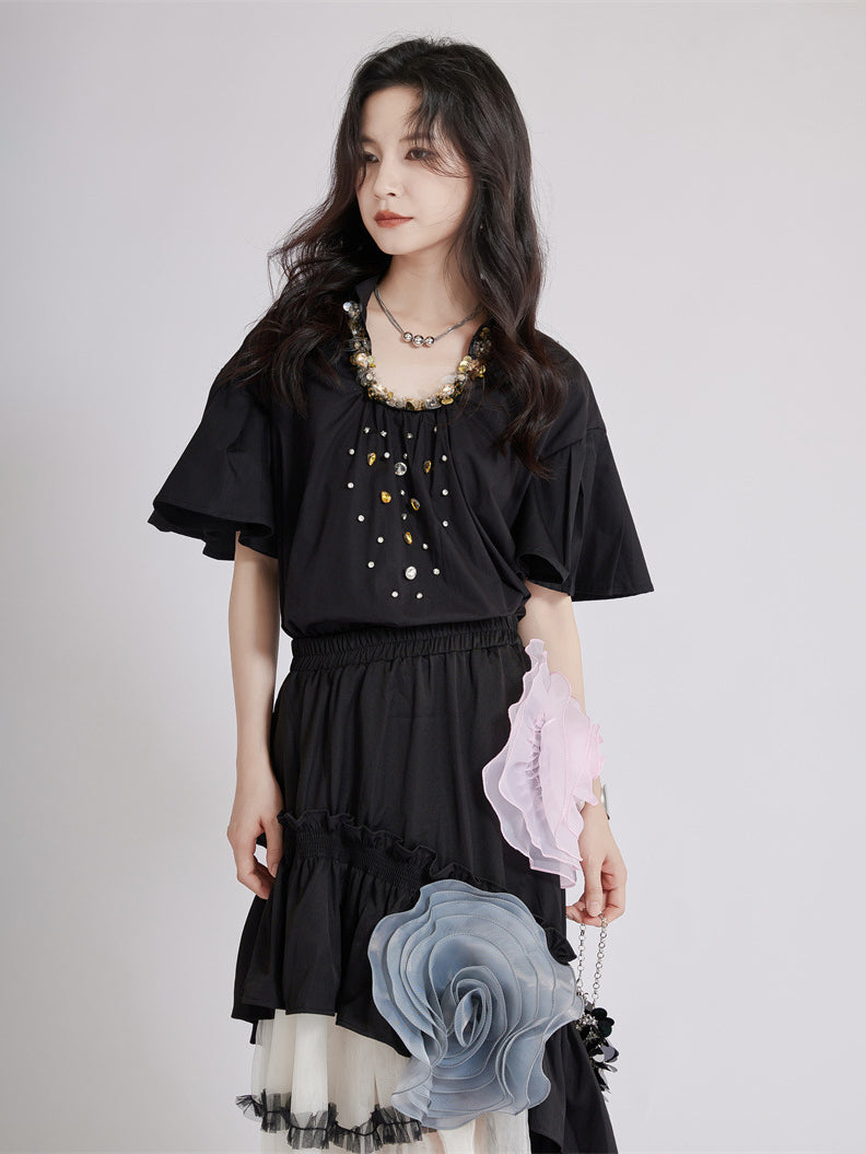 Beaded Collar Flare Blouse