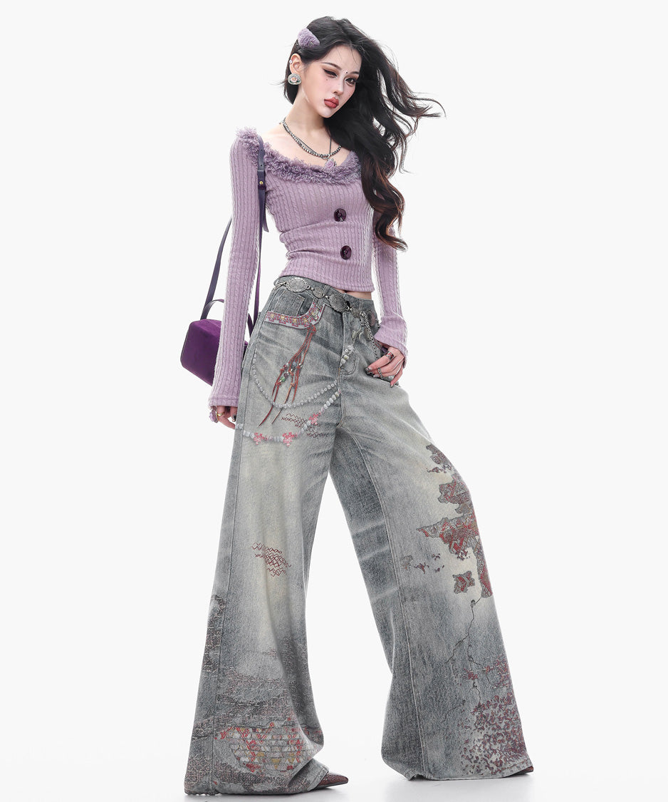 Ornament Washed Wide Denim Pants