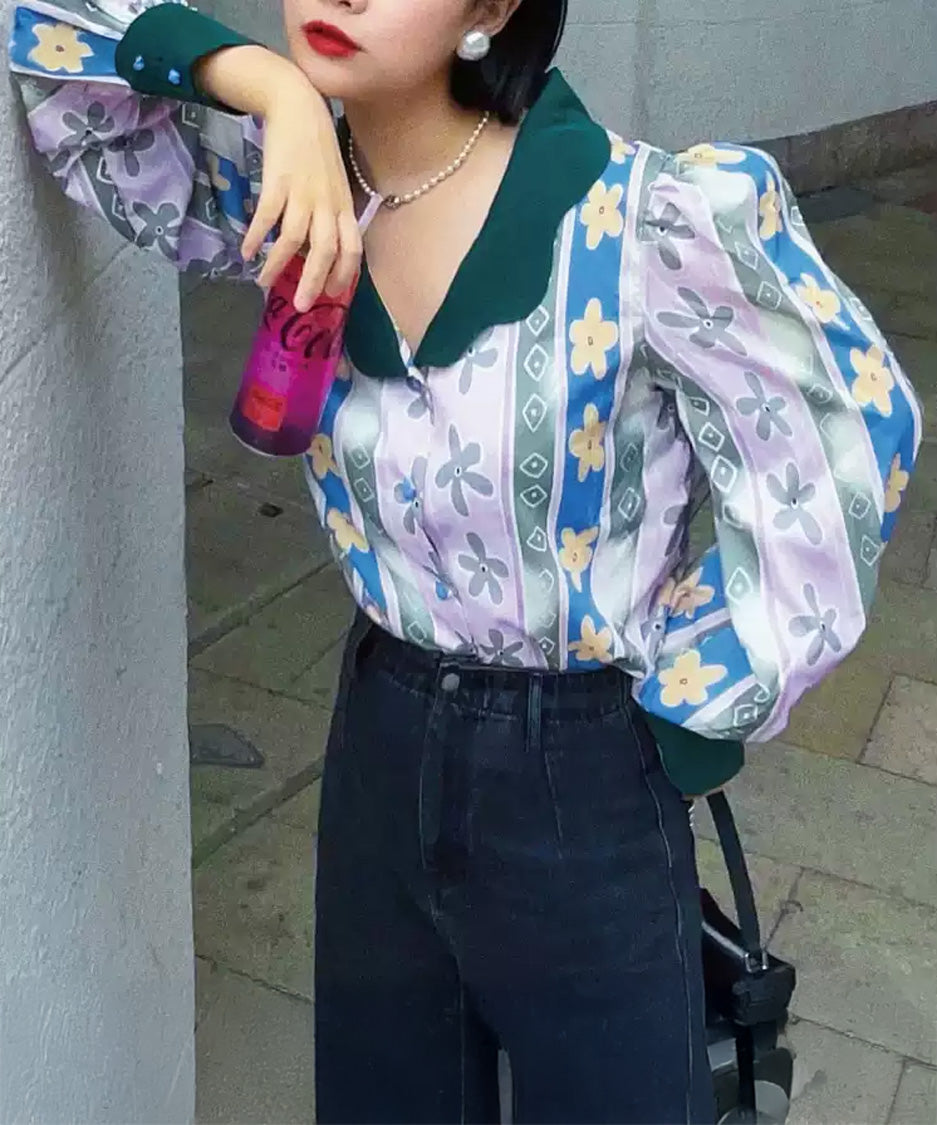 Floral Stripe Contrast Collar Blouse