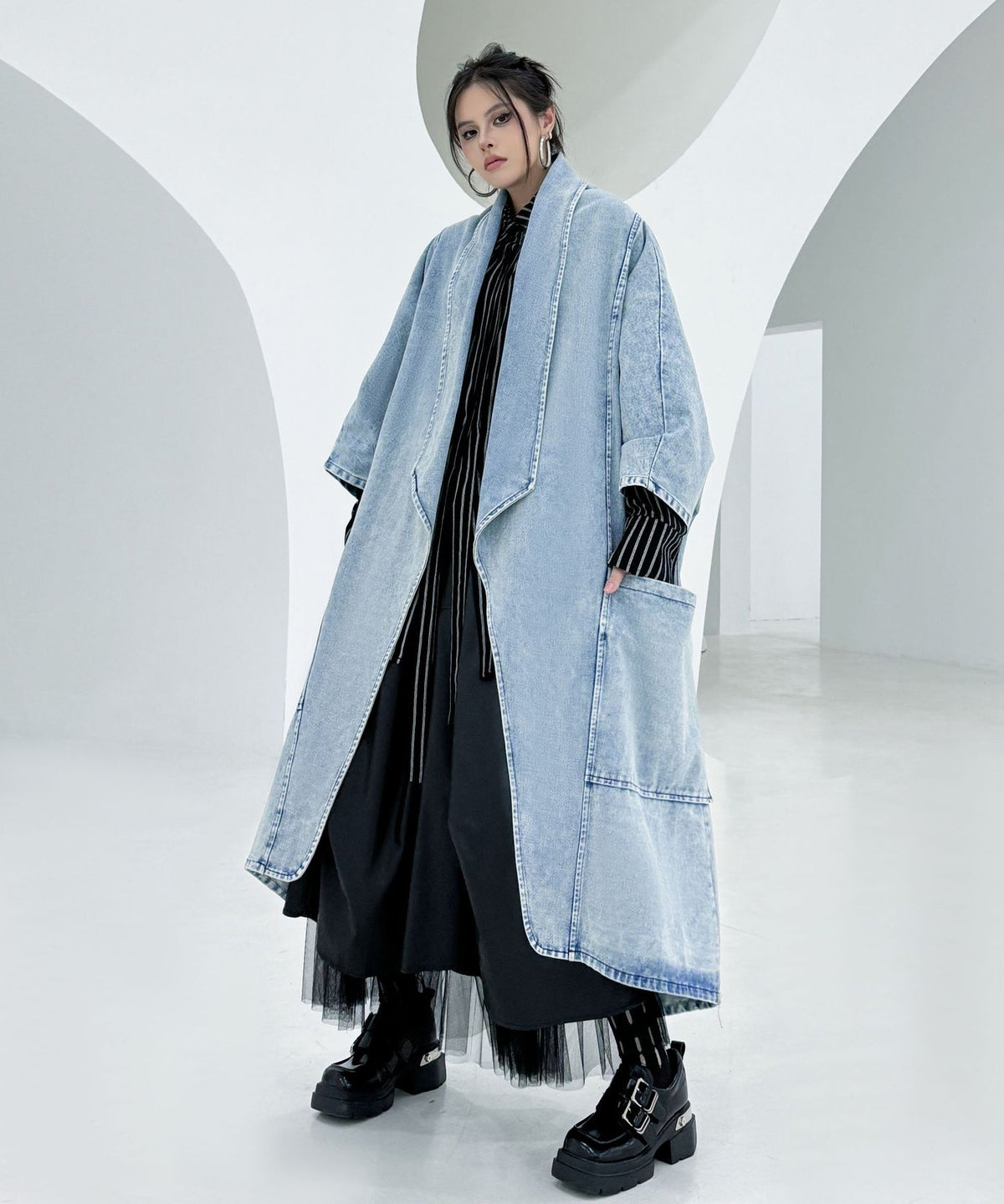 Washed Long Denim Coat
