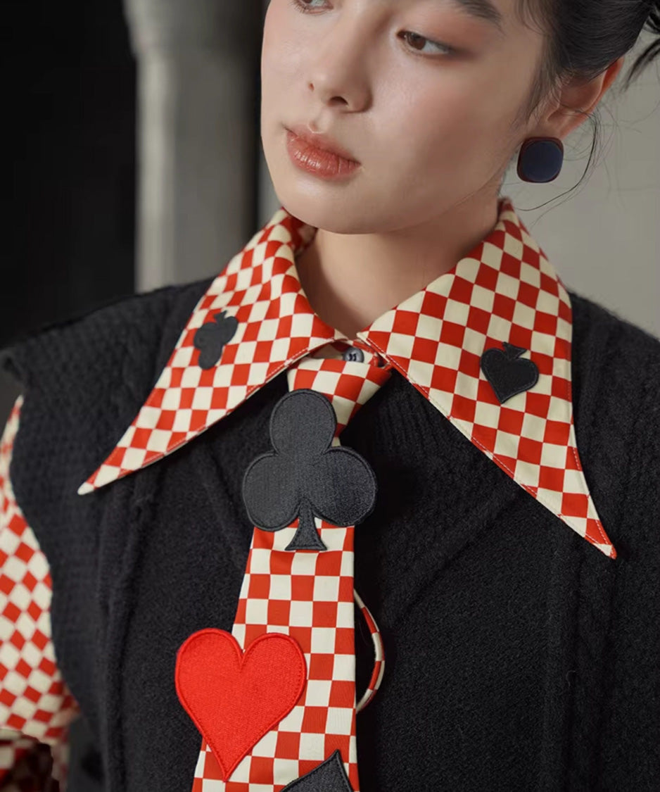 Checker Emblem Collar Blouse
