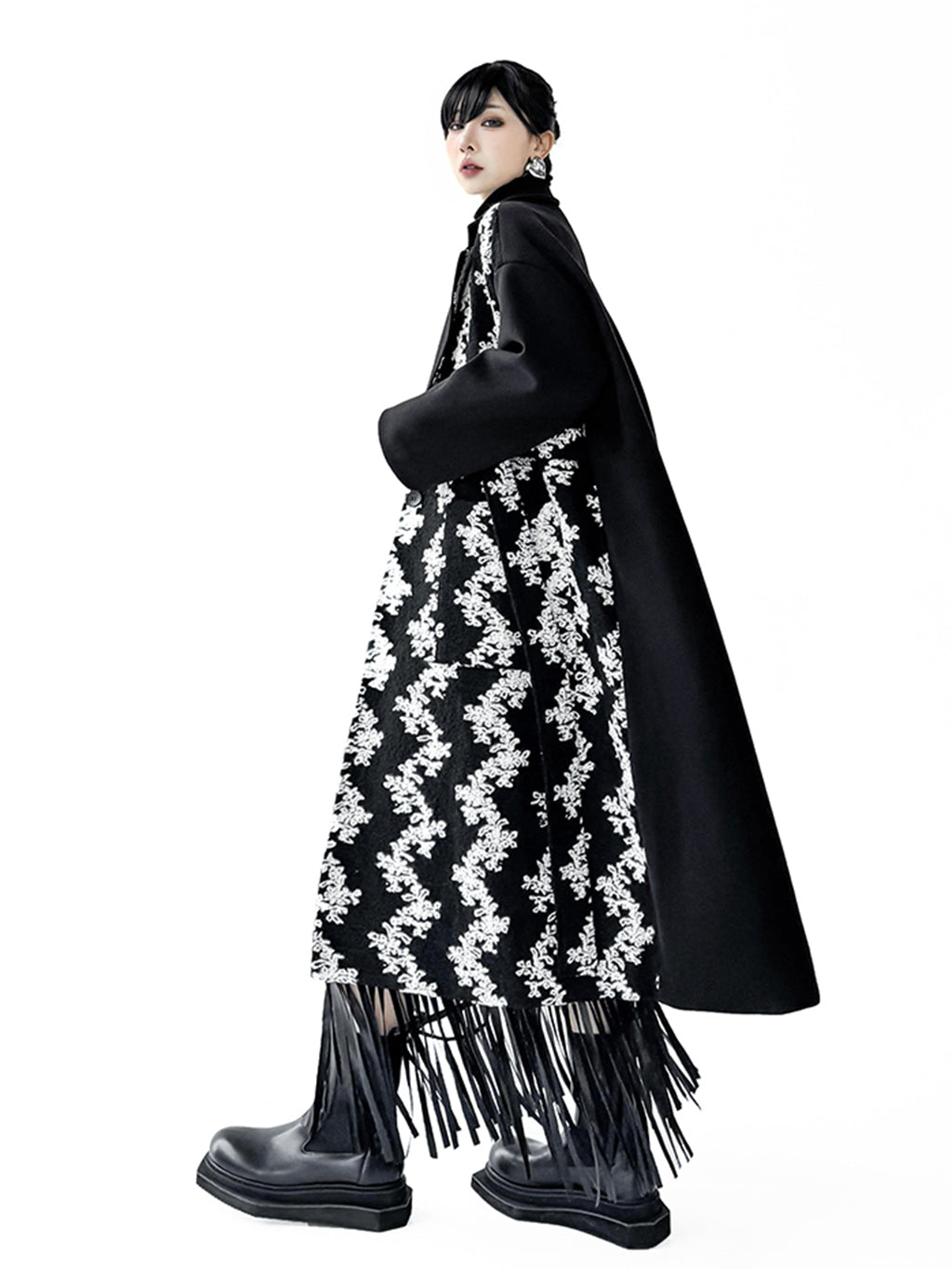Patch Jacquard Fringe Coat