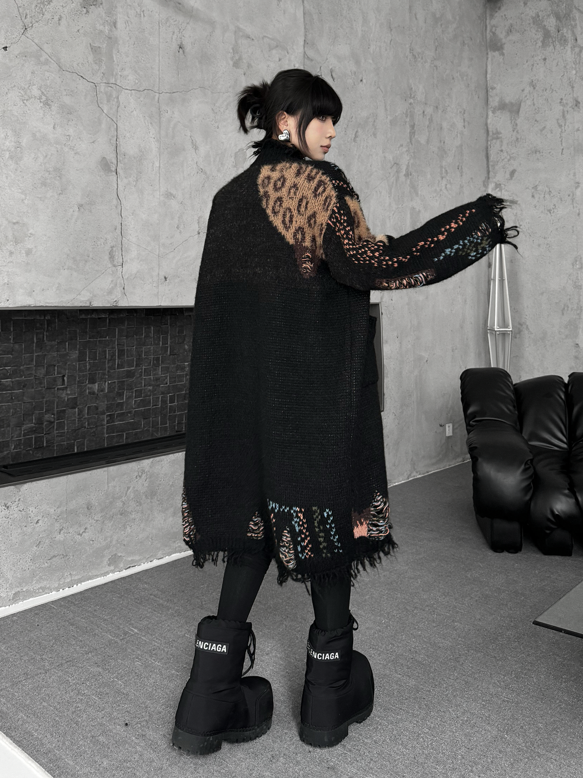 Frayed Leopard Patch Knit Cardigan