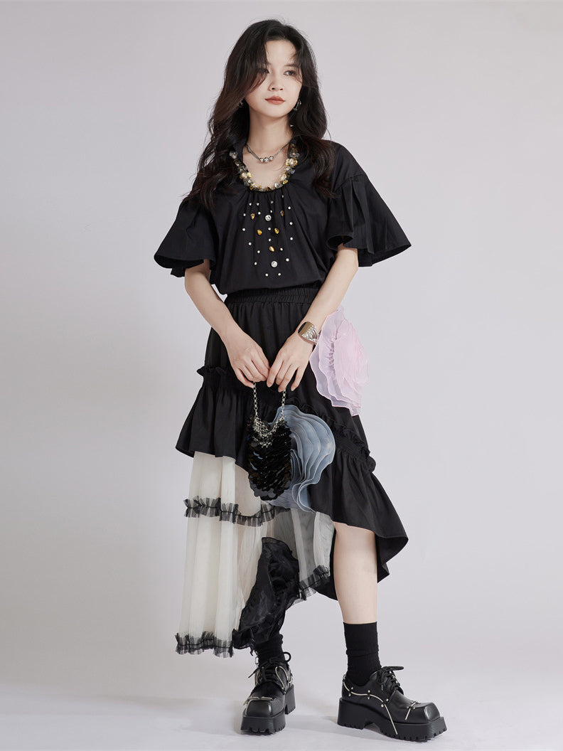 Beaded Collar Flare Blouse