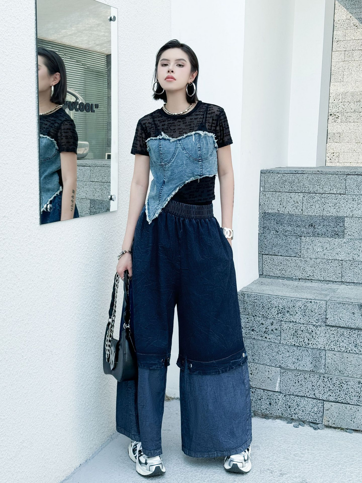 Two Tone Wide Denim Pants