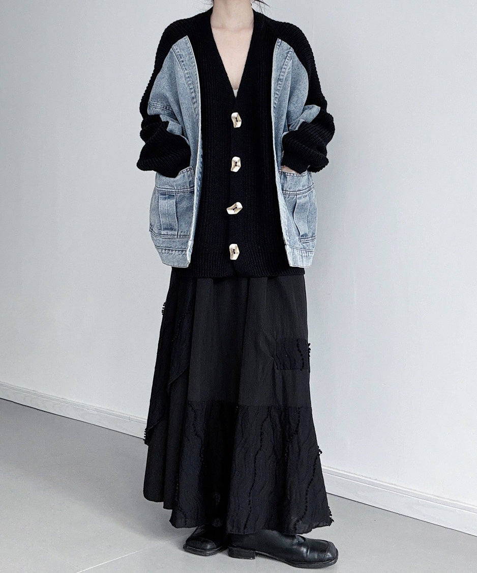 Denim Panel Knit Cardigan
