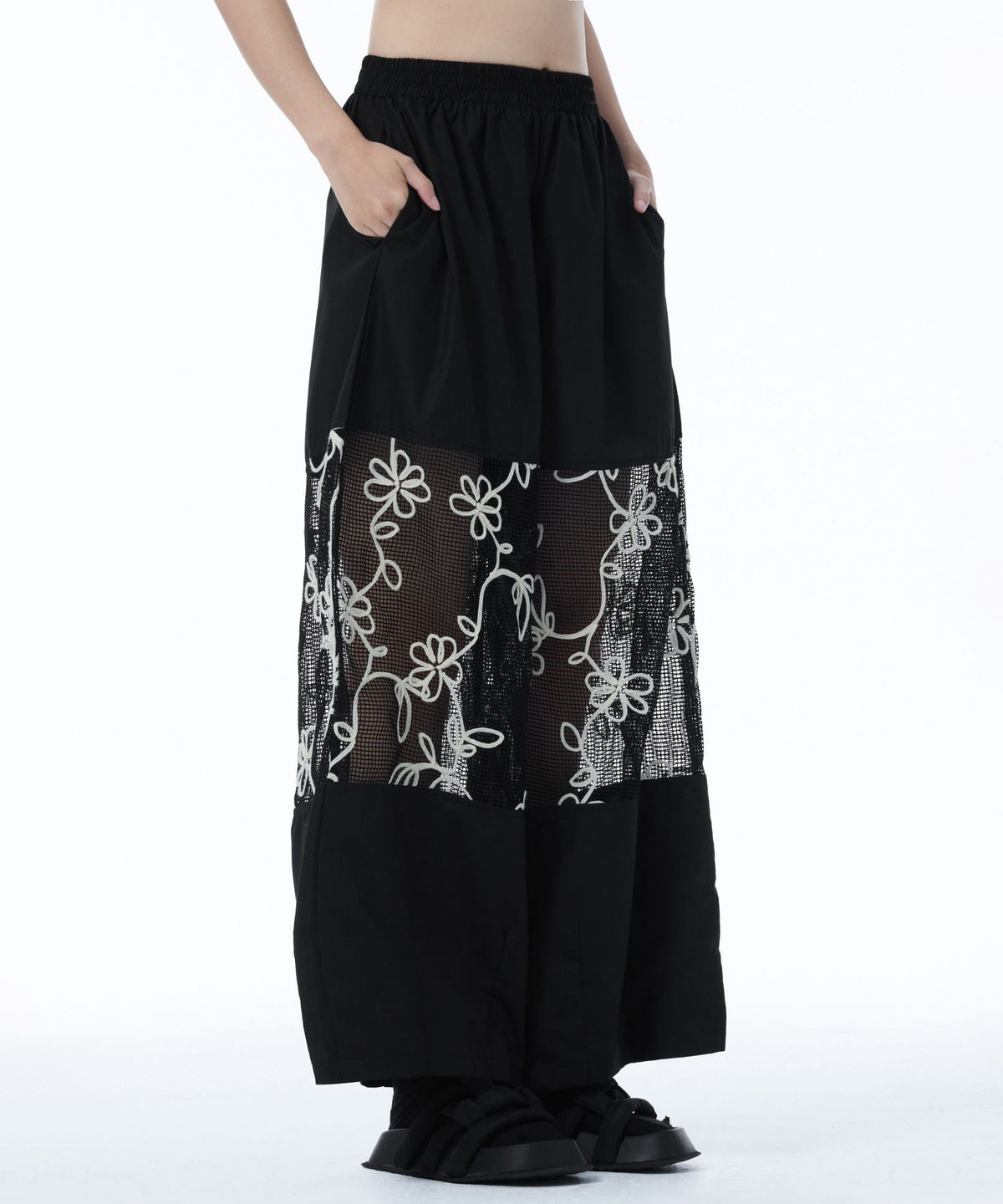 Sheer Floral Mesh Wide Pants