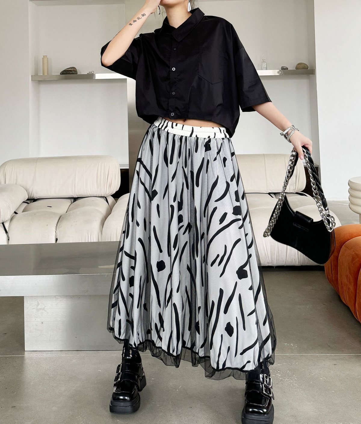 Abstract Mesh Flare Skirt