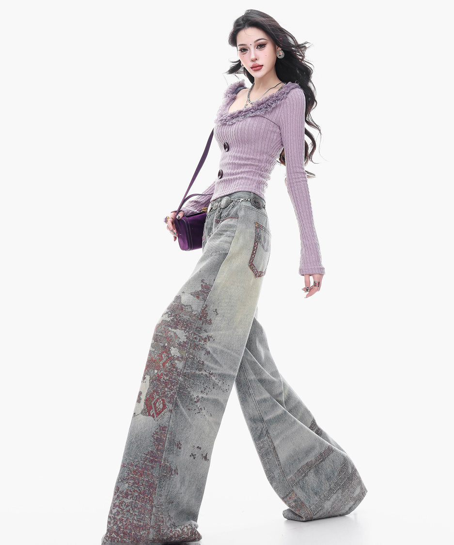 Ornament Washed Wide Denim Pants