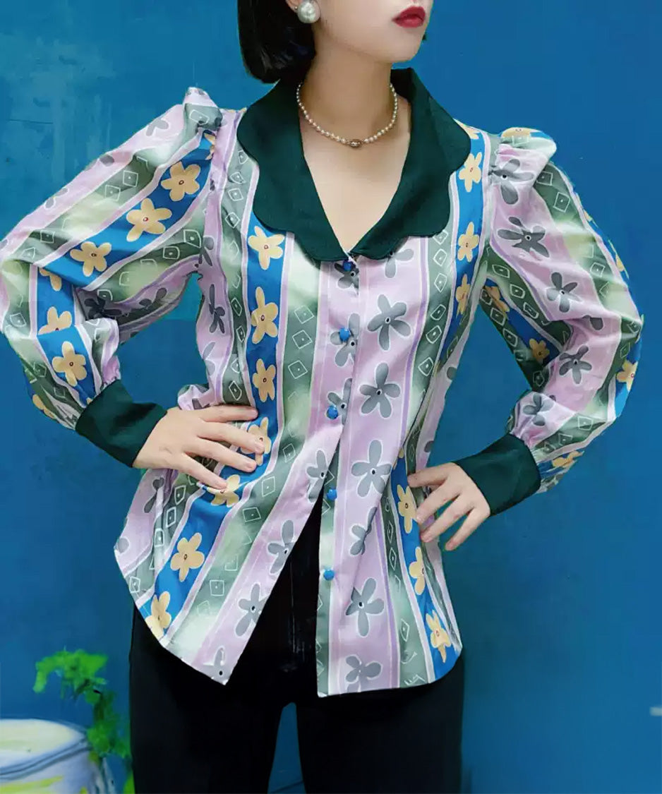 Floral Stripe Contrast Collar Blouse