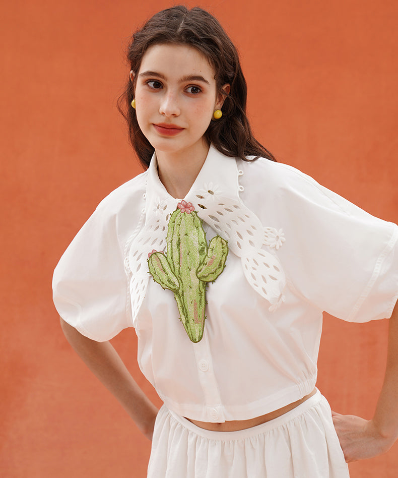 Cactus Cutwork Puff Sleeve Blouse