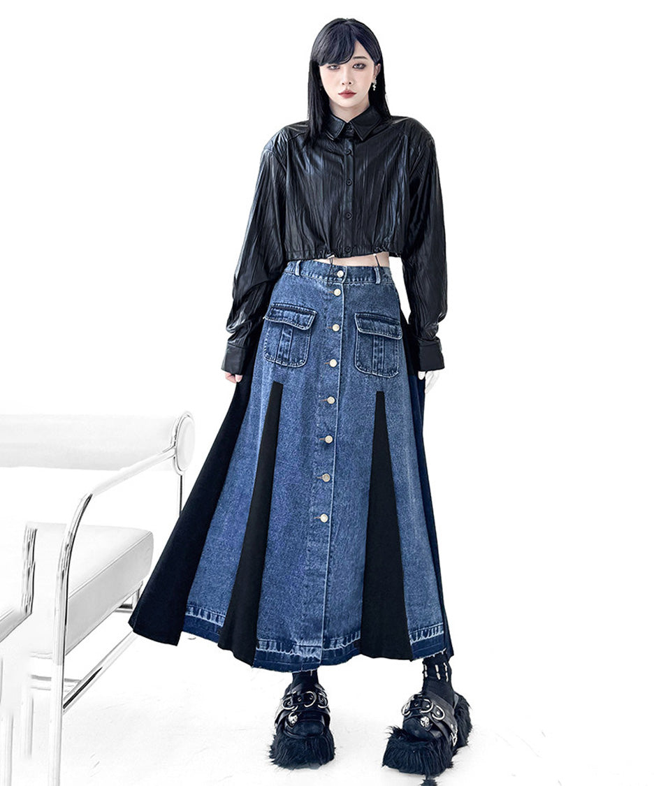 Contrast Panel Denim Flare Skirt