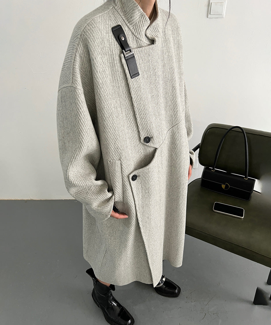 Asym Buckle Herringbone Coat