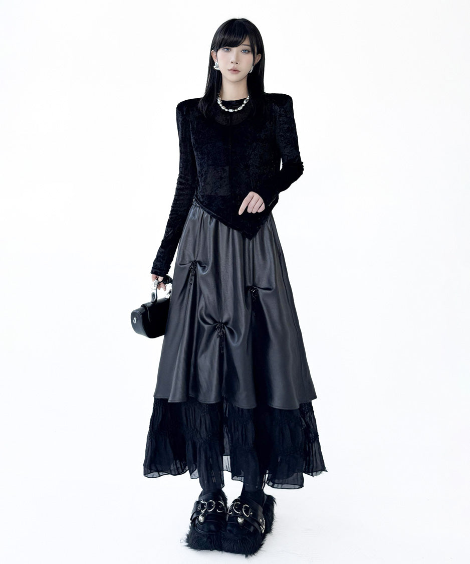 Glossy Gather Lace Hem Maxi Skirt