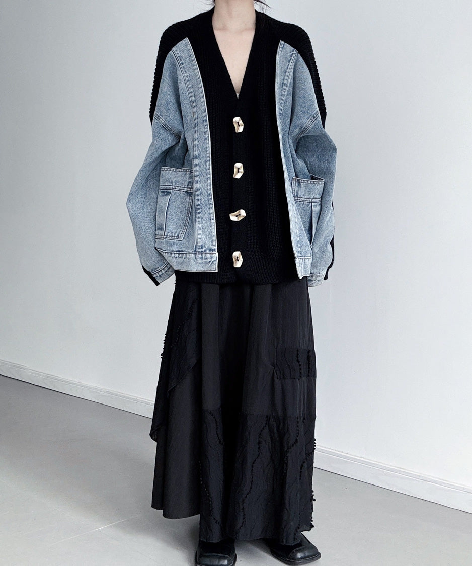 Denim Panel Knit Cardigan