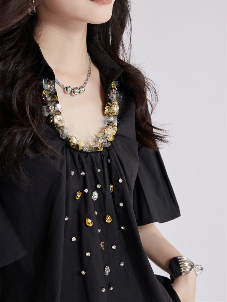 Beaded Collar Flare Blouse