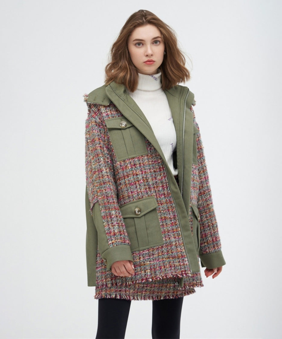 Hooded Tweed Panel Coat