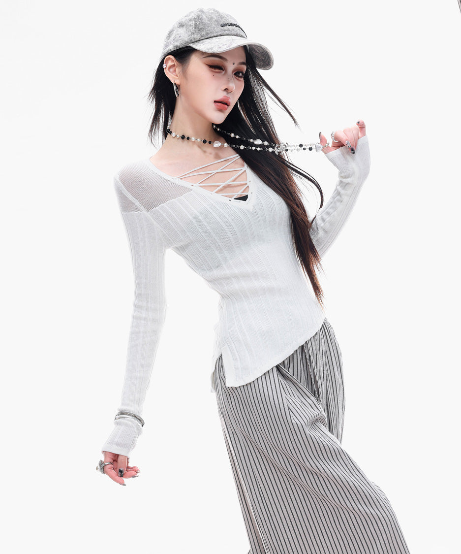 Sheer LaceUp Rib Top