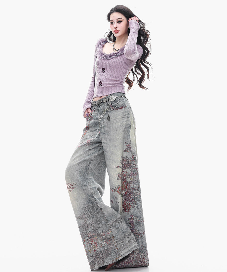 Ornament Washed Wide Denim Pants