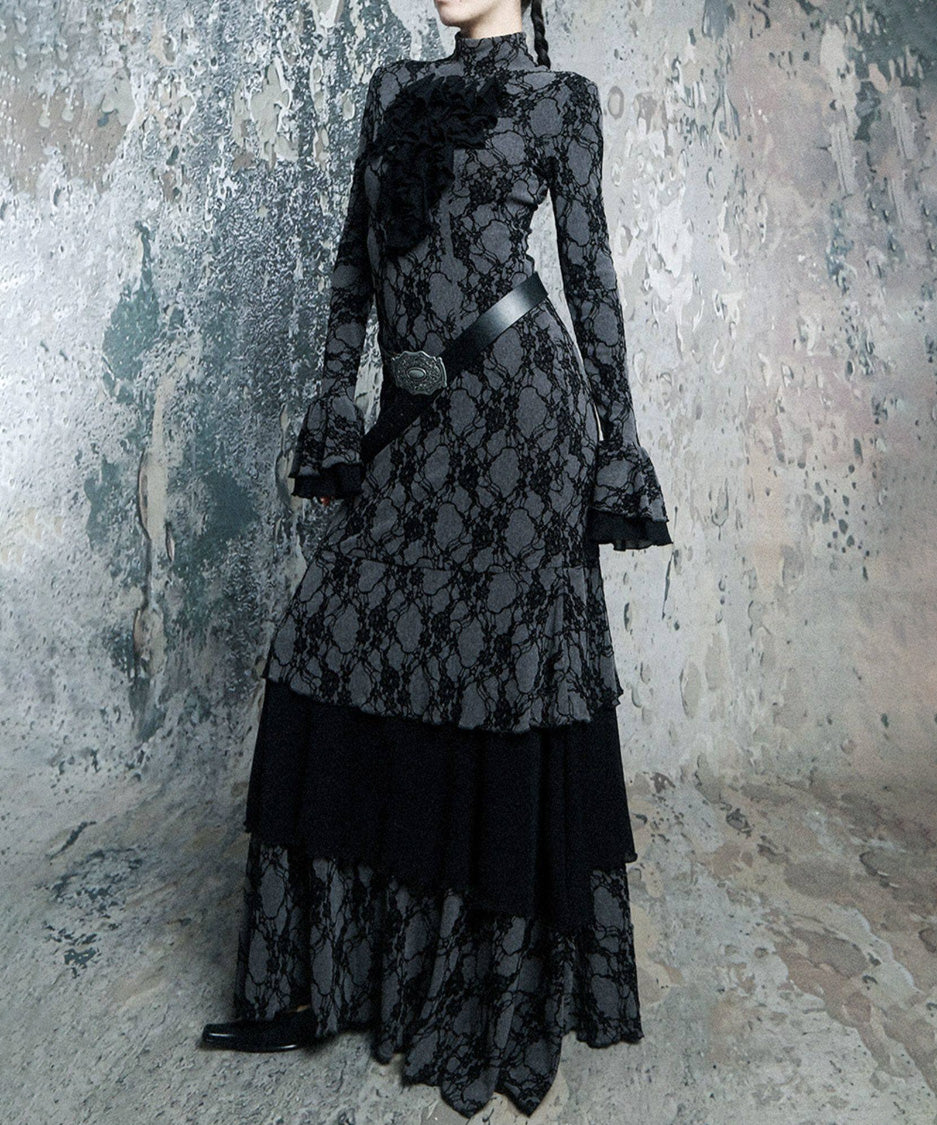 Lace Veil Ruffle Maxi Dress