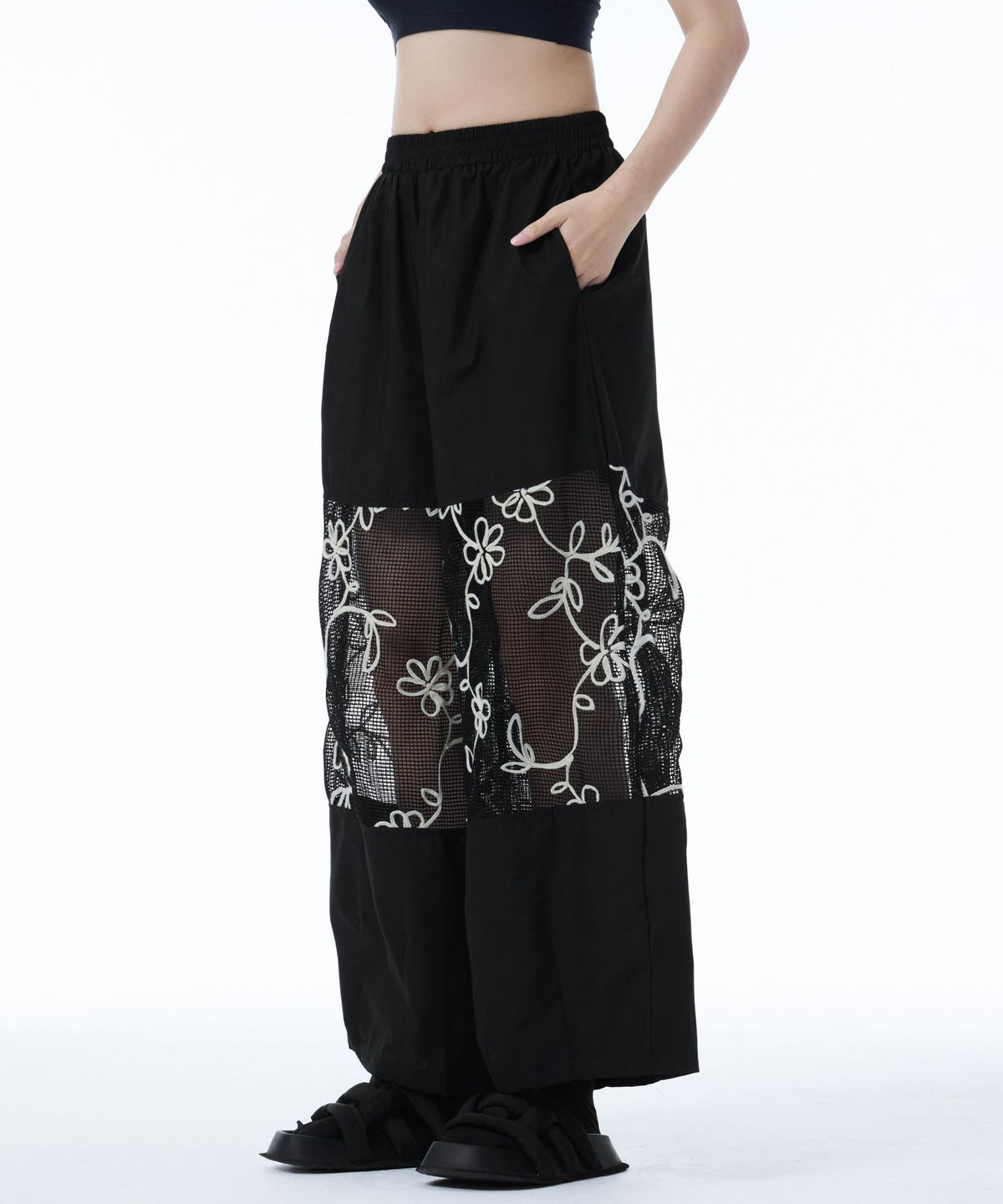 Sheer Floral Mesh Wide Pants