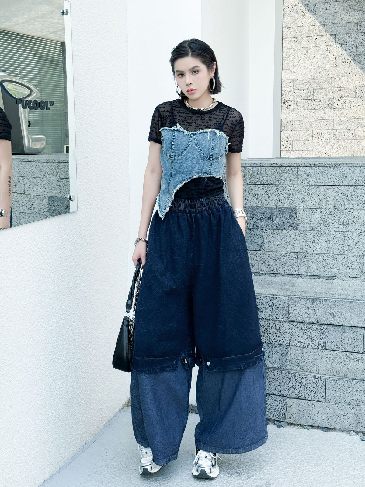 Two Tone Wide Denim Pants