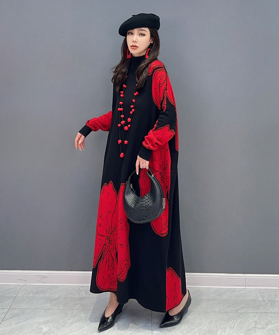 Floral Motif Knit Long Dress