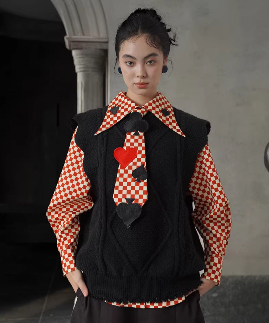Checker Emblem Collar Blouse